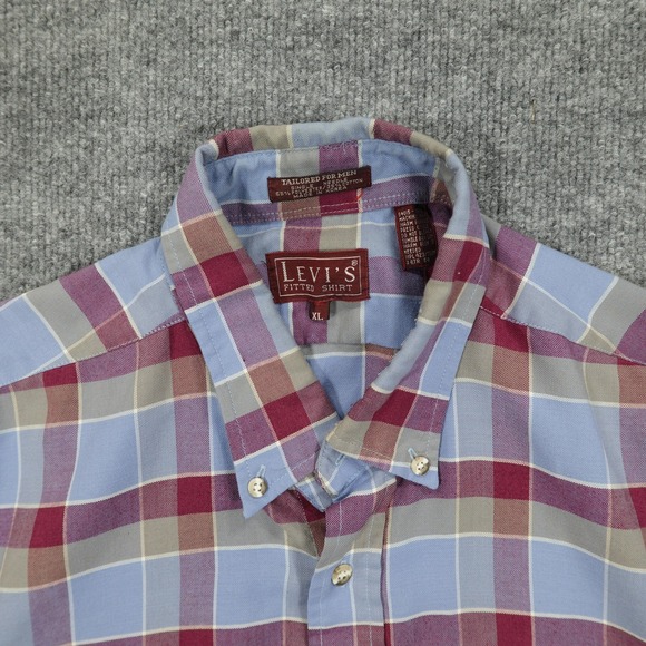 Vintage Levis Shirt Mens XL Blue Red Plaid Button Down Fitted Long Sleeve - Picture 2 of 8